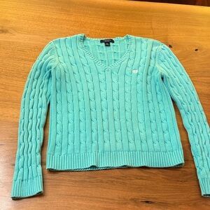 Chaps cable knit V-neck 100% cotton sweater Size large gorgeous turquoise color.